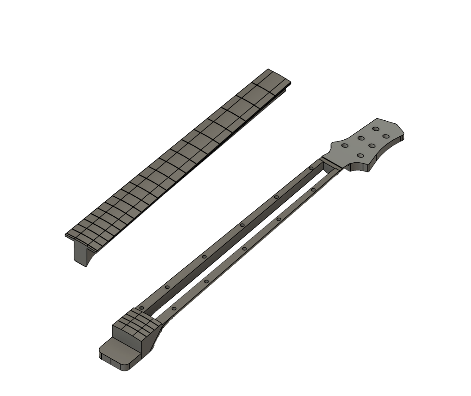 Placeholder text — first CAD studies of the neck and headstock, exploring the split-fretboard mechanism and the tuner layout. — 1