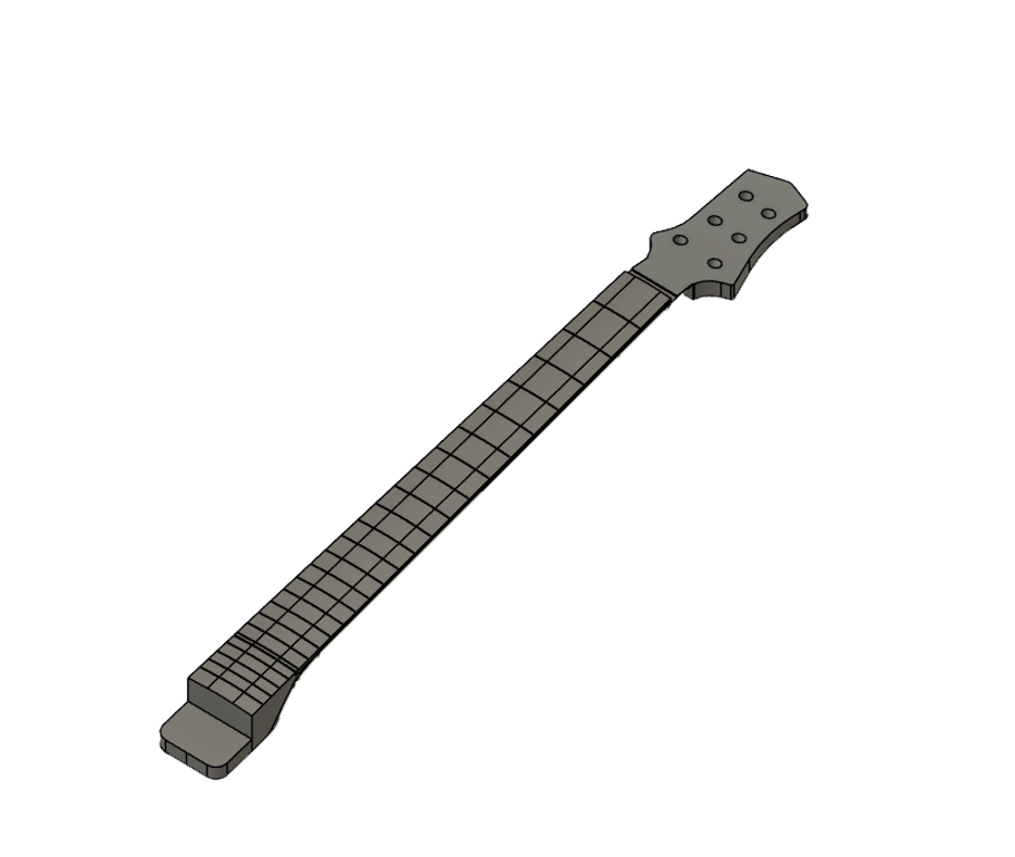 Placeholder text — first CAD studies of the neck and headstock, exploring the split-fretboard mechanism and the tuner layout. — 2