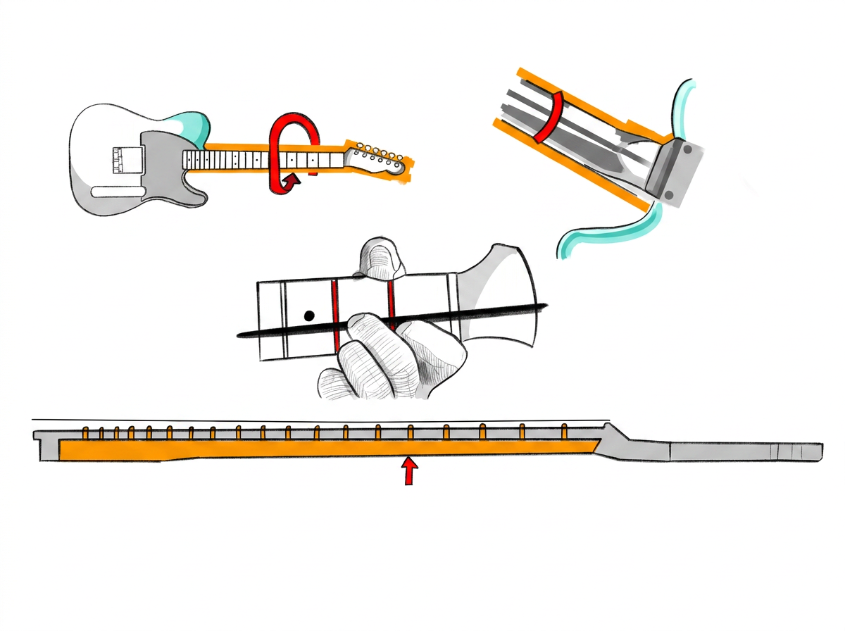 Placeholder text — exploded study of the assist mechanism, mapping how the actuator and linkage interact with the strings along the fretboard.
