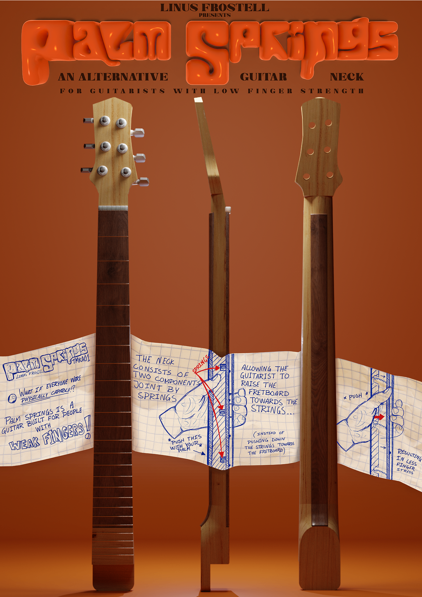 Placeholder text — final project poster summarising the Palm Springs concept: a guitar neck for players with low finger strength.