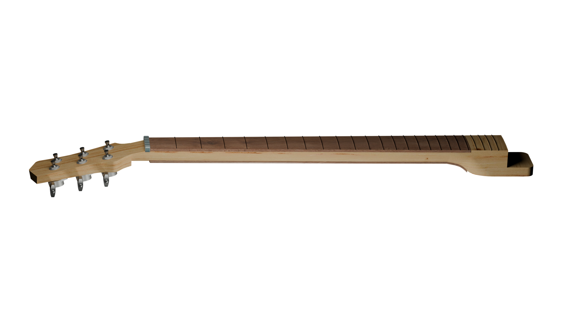 Placeholder text — refined render of the assembled neck with material treatment, tuners and frets in place.
