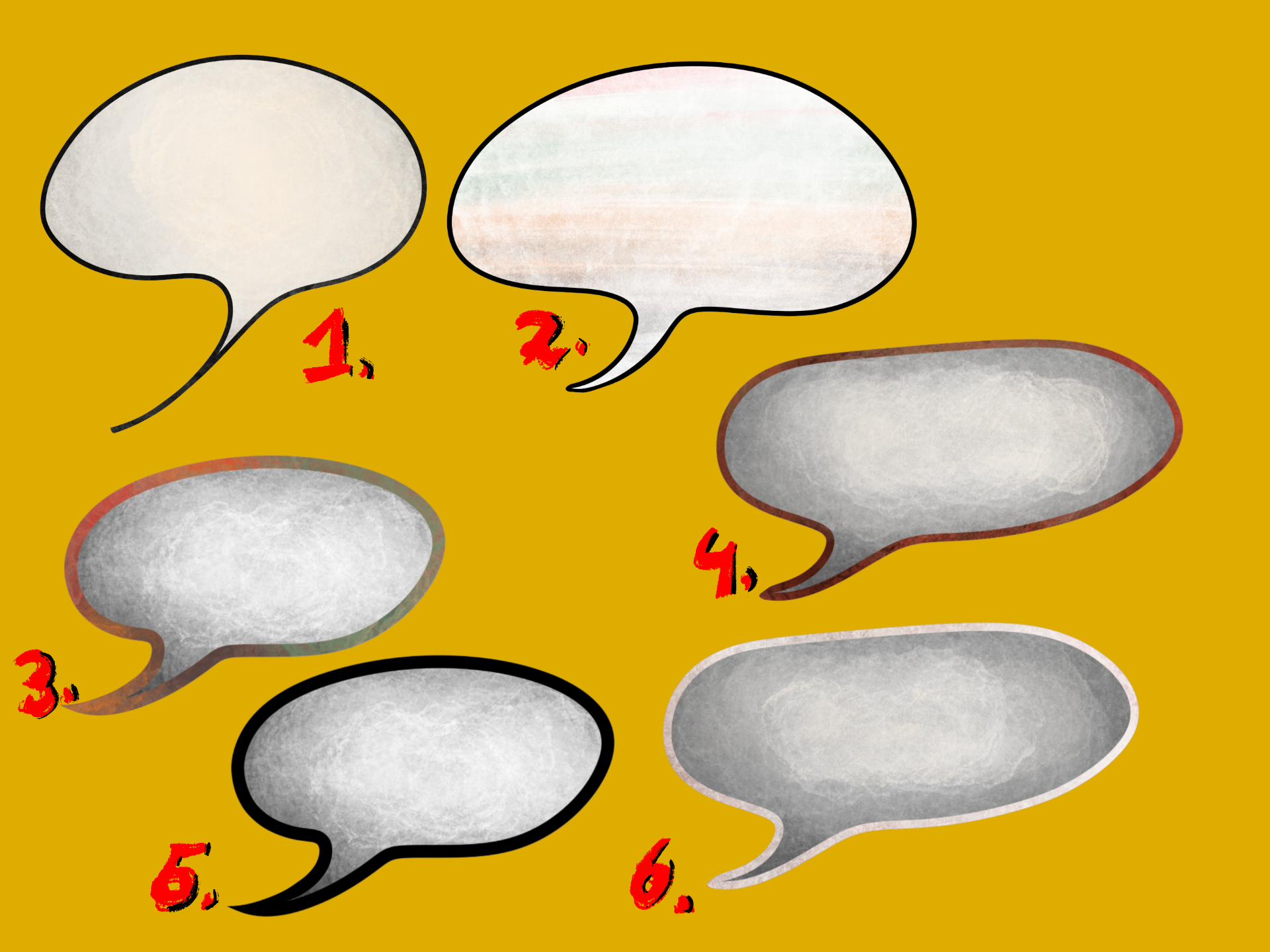 Placeholder text — speech-bubble variants explored for the dialogue overlays, testing tone, weight and outline against the warm background.