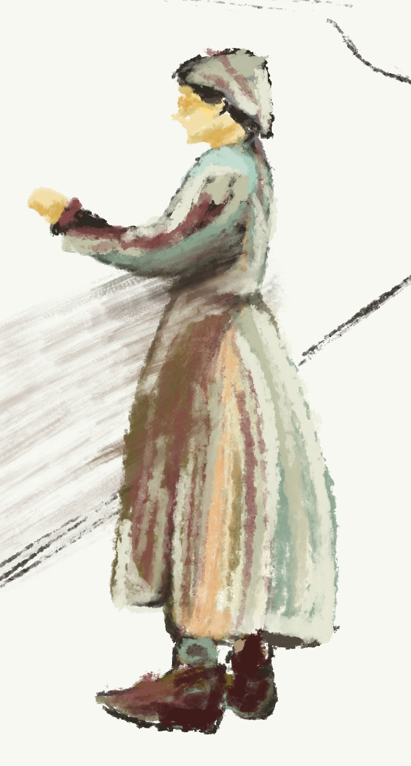 Placeholder text — early character study exploring the figure's posture, dress and palette for the interactive scene.