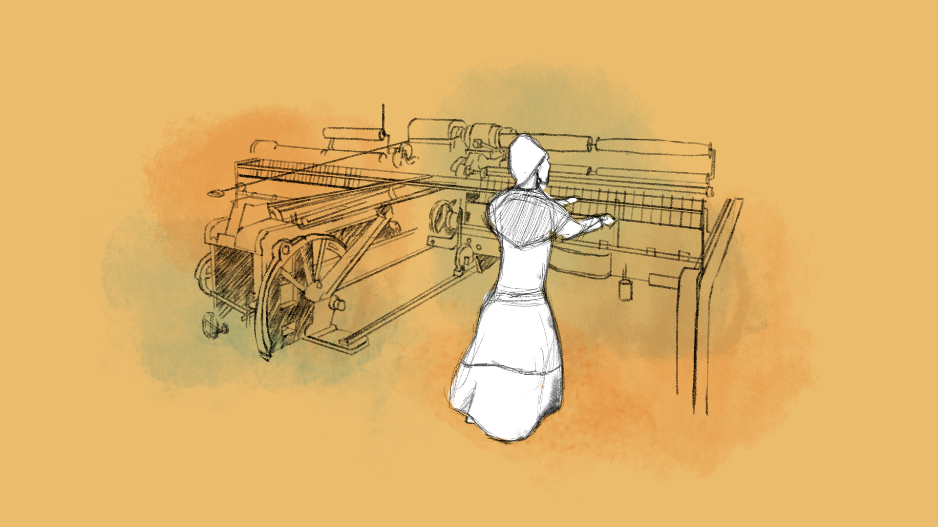 Placeholder text — contextual sketch of the woman at the loom, situating the character within the historical workshop scene.