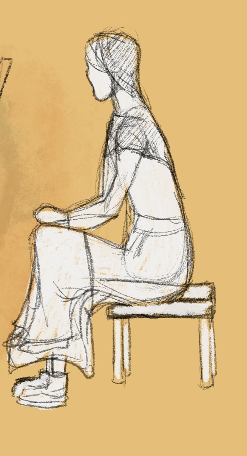 Placeholder text — figure study of the seated woman, exploring posture and silhouette against the warm sepia background.